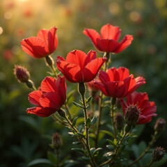 Obraz premium Vibrant red poppies in full bloom under sunlight, with blurred background. Ideal for nature, floral, or garden-themed designs. Generative AI