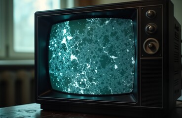 Old TV with bad signal shows distorted image. Damaged display with snow, glitches. Vintage tech display with old tube style. Faulty signal on screen. Retro tv in closeup view. Obsolete technology.