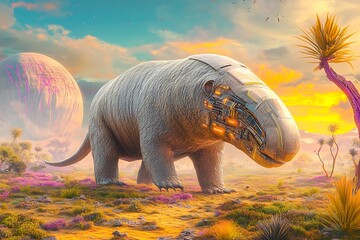 Obraz premium Hyper realistic wild animals, Giant Anteater in Futuristic Cyberpunk Landscape