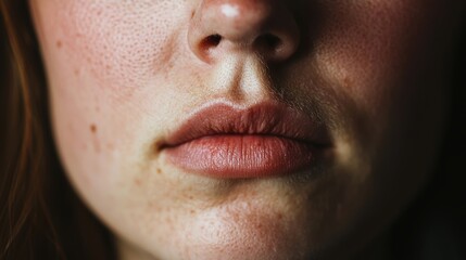 Fototapeta premium Close-Up of a Woman's Face with Freckles and Lip Detail