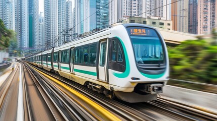 Fototapeta premium Scenic Train Passing Through a Bustling Cityscape