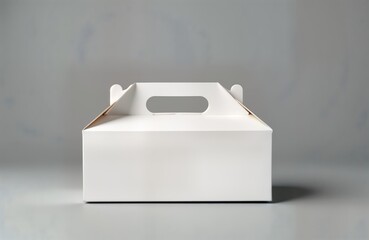 Empty white cardboard pastry box with handle. Modern food packaging mock-up. Simple design on neutral grey background. Suitable for cakes cookies delivery. Product ready for branding, customization.