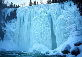 Majestic Frozen Waterfall Amidst a Winter Wonderland

