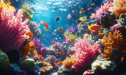 Naklejka premium Vibrant coral reef teeming with tropical fish, every detail alive with motion and color.