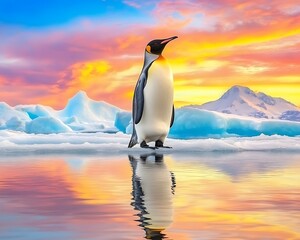Fototapeta premium Hyper realistic wild animals, Majestic Emperor Penguin on Iceberg at Sunset