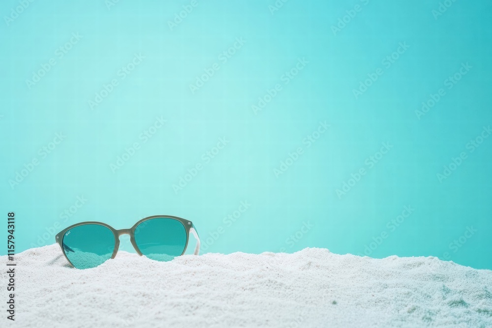 Leinwandbilder summer sunglasses resting on white sand with a bright teal background and ample space for text place