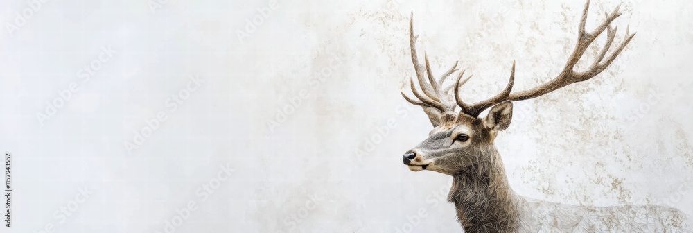 Poster Elegant deer with branching antlers stands gracefully in an open space with a soft neutral background. Generative AI