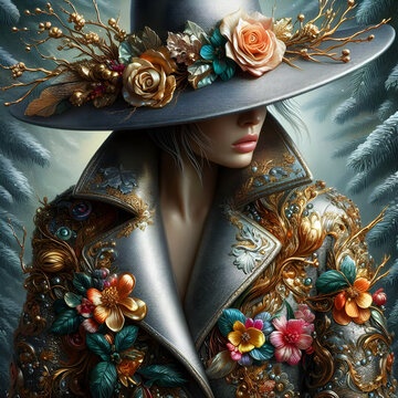 woman turning her head aside wearing a wide brimmed floral decorated silver hat with matching blaser jacket cost against a snowy fir backdrop