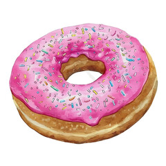 A watercolor vector painting of American donuts with sprinkles and glaze, isolated on a white background. American donuts vector.

