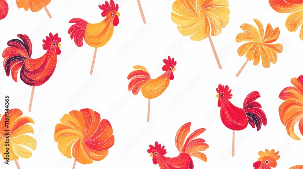 Poster Vibrant rooster shaped lollipops on white background with space for text and mock up design options. Generative AI