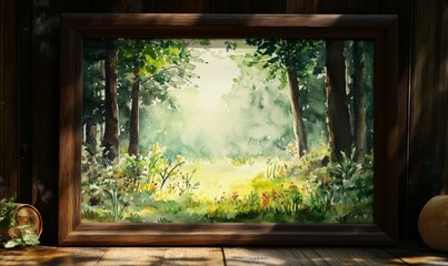 Watercolor painting of a calm forest clearing with dappled sunlight and delicate details in the foliage, framed in dark wood,