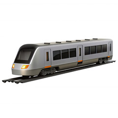 Naklejka premium A 3D render of a sleek silver train model on railway tracks. The design features modern elements and large windows, showcasing its detailed exterior.