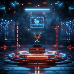 Futuristic trophy display in digital arena.