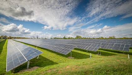 Solar Panels Lining a Green Field Generating Renewable Energy for Communities