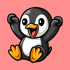 happy fun penguin cartoon character in slide isolated colored drawing line art style sketch classic vintage design illustration