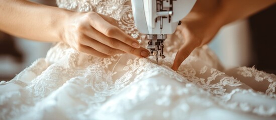 Hand-crafted wedding dress being stitched on a sewing machine, elegant and romantic,