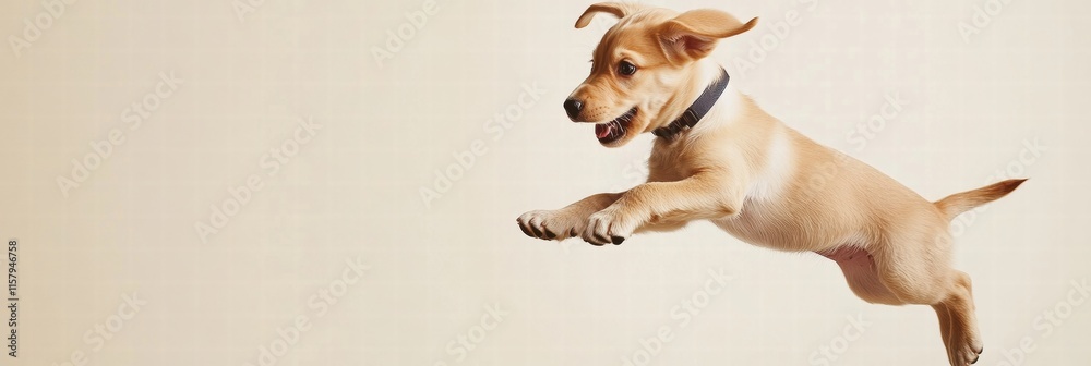 Poster joyful puppy jumping in mid air with energy and excitement ready for fun and adventure in a playful 