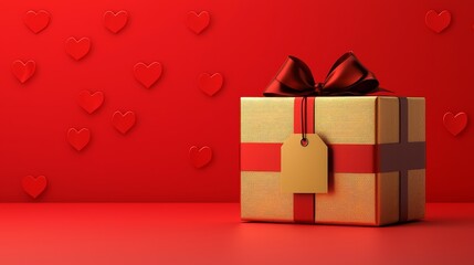 Obraz premium Golden gift box with intricate ribbon details and a tag, elegantly framed by a vibrant red backdrop with seamless love hearts