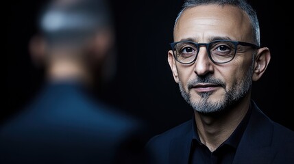 Obraz premium Portrait of a Man with Glasses, Serious Expression