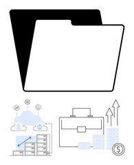 Business file folder, data storage in cloud with server, briefcase, and financial growth chart with arrows. Ideal for document management, data storage, finance, business planning, corporate