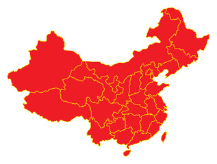 Red China Map with Yellow District Borders Asian Country