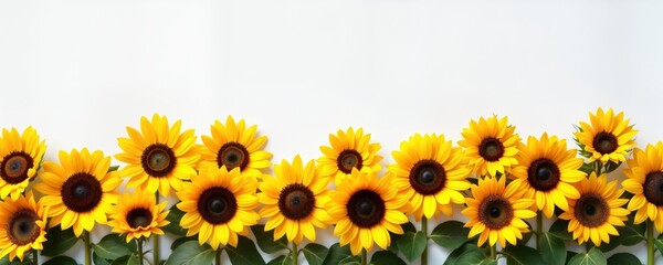 Bright yellow sunflowers arranged in row against plain white background. Fresh blooms, green leaves are visible. Floral design perfect for summer. Nature-inspired decor. Beautiful flower arrangement.