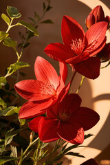 Stunning close-up of vibrant red flowers glowing under golden light. Ideal for nature and decorative art concepts. Generative AI