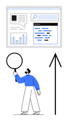 Man holding magnifying glass examining web, v10 data on screen with chat, graph, and text sections. Arrow pointing upward. Ideal for business analytics, data analysis, growth strategy, market research