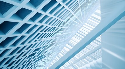 Symmetrical abstract pattern with blue and white geometric shapes, sharp angles, detailed textures, clean and futuristic style, close-up view