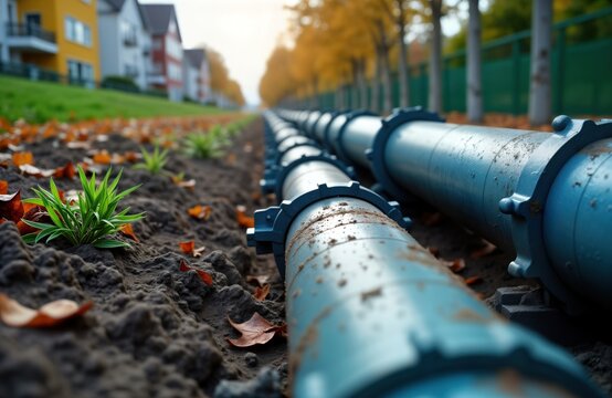 Modern city water supply, sewerage system shown. Underground plastic pipes laid in ground near residential buildings. Green plants grow near pipes. Autumn leaves on ground. Urban infrastructure