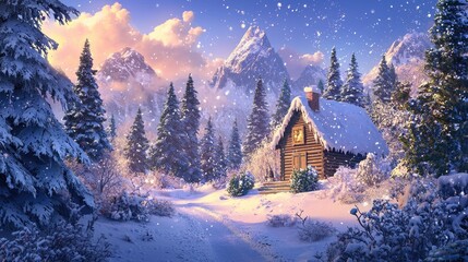 Fototapeta premium A Cozy Cabin Nestled in a Snowy Mountain Forest