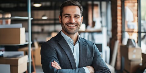 A confident businessman smiles in his workplace, radiating positivity and professionalism in his field.