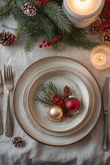 An elegant holiday table setting adorned with ornaments and seasonal greenery, perfect for gatherings.