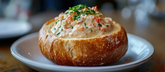 Lobster chowder in a sourdough bread bowl, served with a garnish of chives 