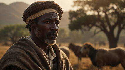 Portrait of an African shepherd in savannah. Strong humans and symbiose with nature concept. Copy space.