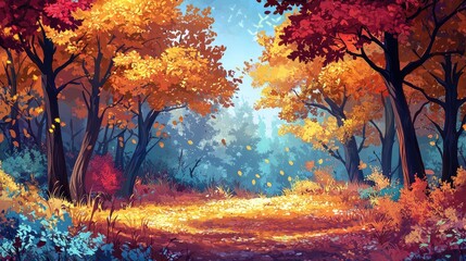 Autumnal Forest Path with Golden Leaves and Crimson Trees