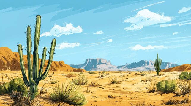 A desert landscape with tall cactus and distant mountains under a blue sky with white clouds