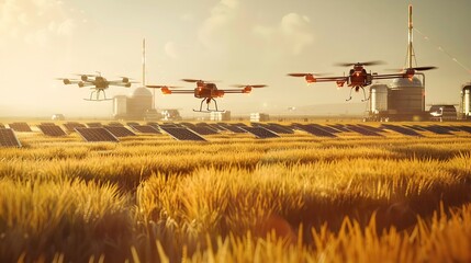 Fototapeta premium A modern farm with rows of crops under solar panels and a drone flying overhead, set against a backdrop of trees and a bright, sunny sky.