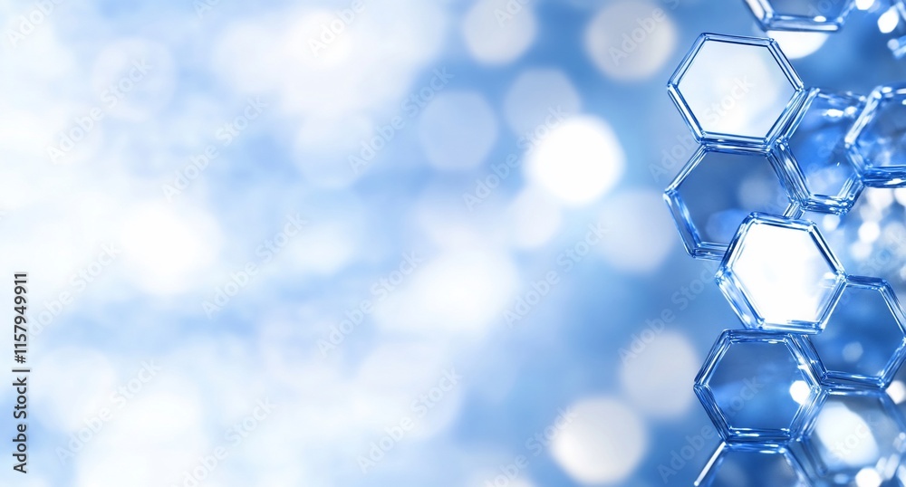 Poster abstract representation of hexagonal structures on a blue background.