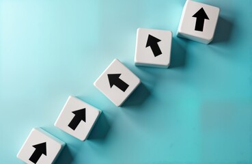 White blocks with black arrows form diagonal upward path. Concept visualizes progressive development strategy skill advancement. Steady ascent consistent growth, progress in career business. Graphic