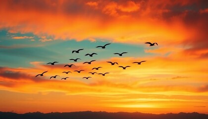 Sunset Silhouette Flock of Birds Flying at Golden Hour