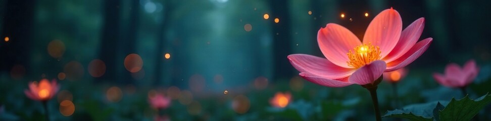 Fireflies lighting up the face of a blooming flower in a forest, peaceful, natural, light
