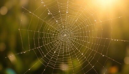 Fototapeta premium Dew Covered Spiderweb in Golden Sunrise Nature Photography