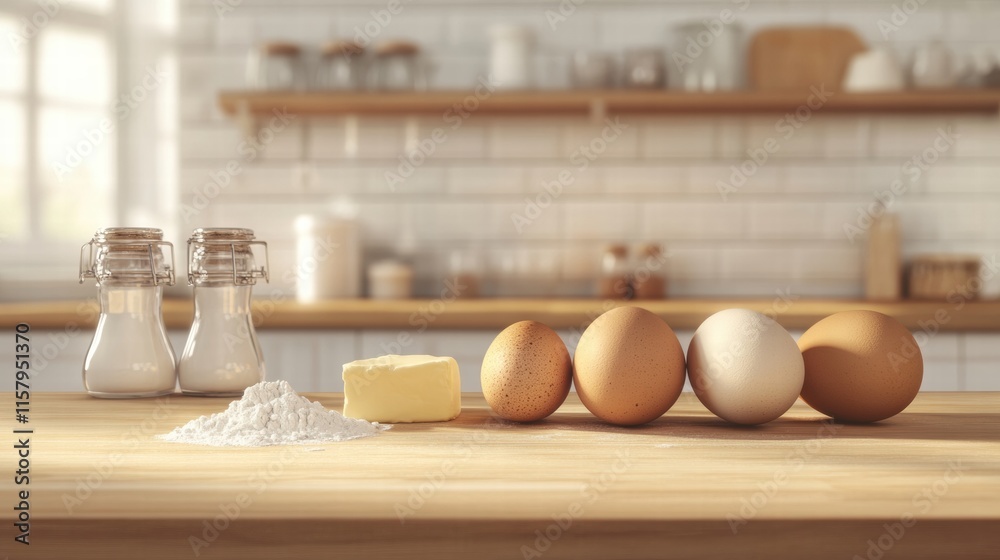 Aufkleber Ingredients arranged on a wooden kitchen counter with space for text and soft natural light. Generative AI