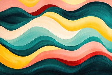 Obraz premium Abstract painting with vibrant, wavy stripes in teal, yellow, pink, and red.