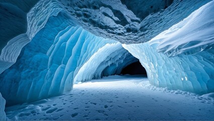 Majestic ice cave with stunning blue hues and textured frozen walls
