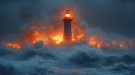 A lighthouse stands resilient amidst a dramatic storm, illuminated against turbulent waves.