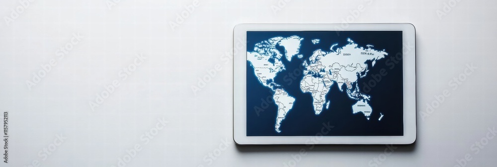 Aufkleber Modern flat lay design featuring a tablet with a world map and ample space for text on a clean surface. Generative AI