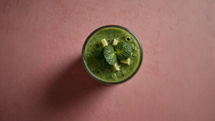 Green smoothie on pastel pink background. Healthy food concept. Copy space.