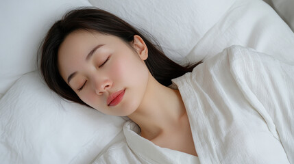 Chinese woman sleeping comfortably on white bed in luxury hotel